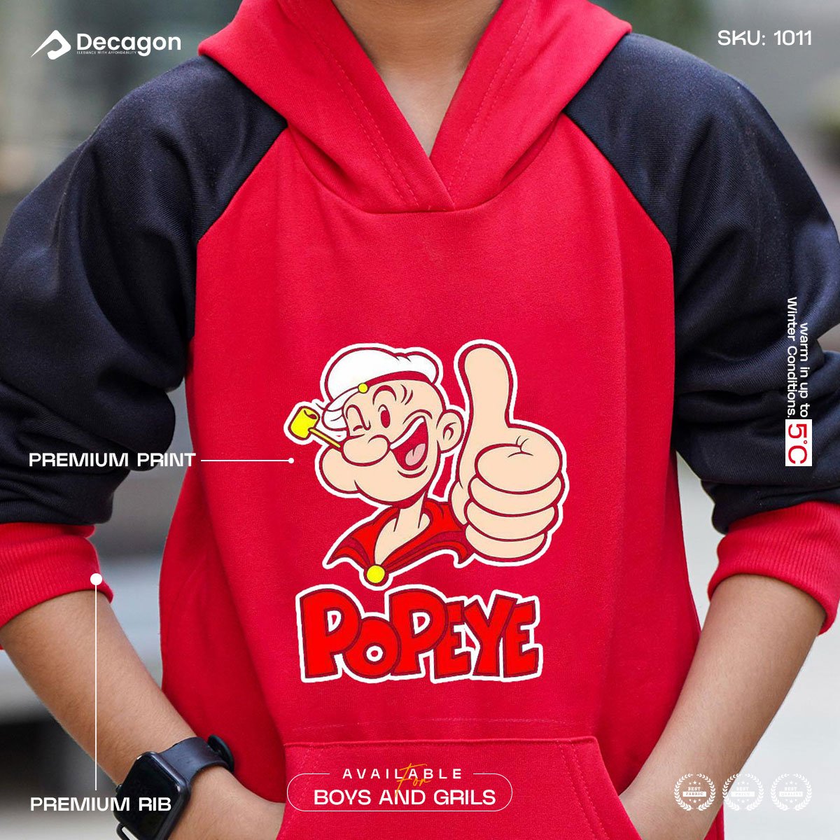 Kids Printed Hoodie and Tracksuit Set | Popeye Print_ Red - Image 4
