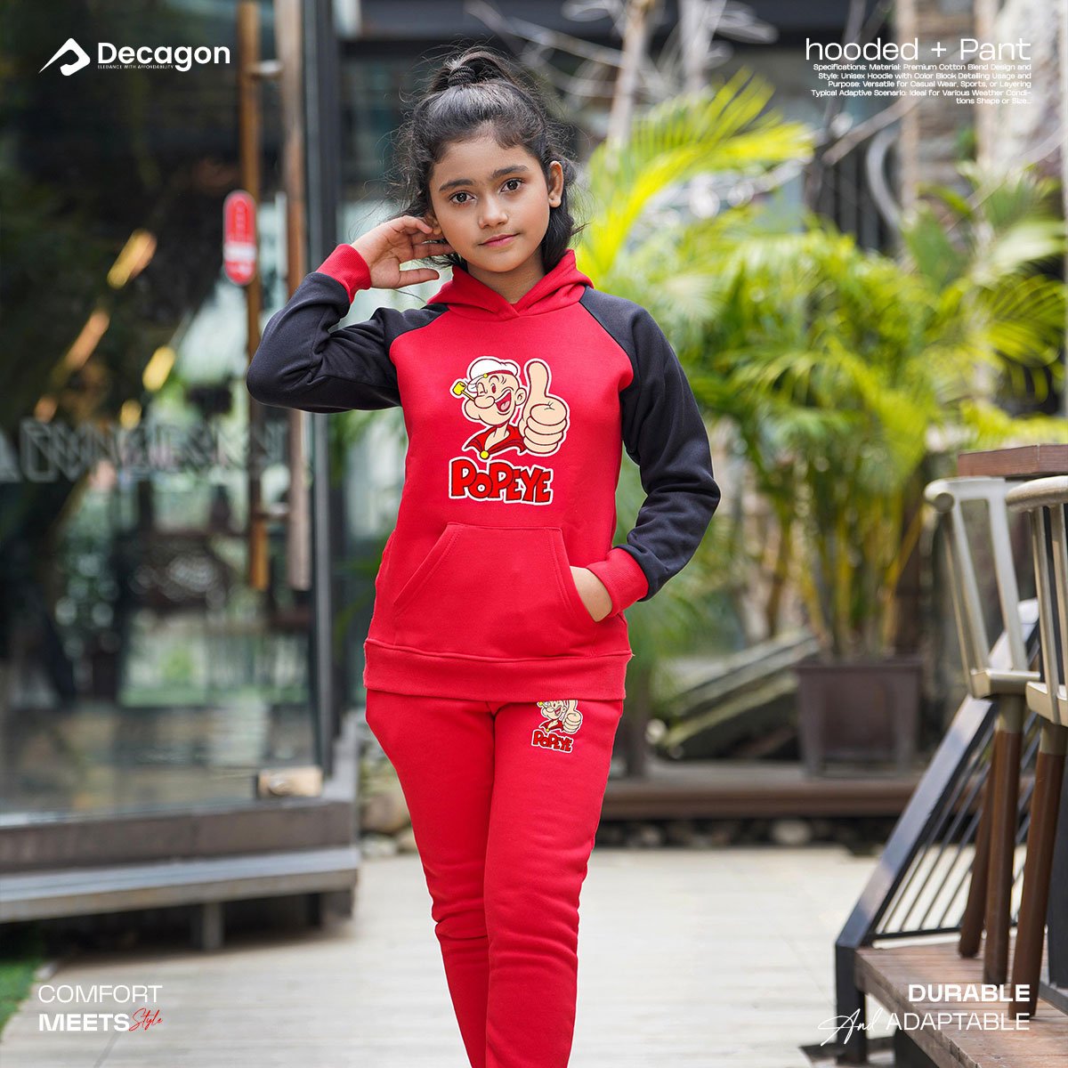 Kids Printed Hoodie and Tracksuit Set | Popeye Print_ Red - Image 3
