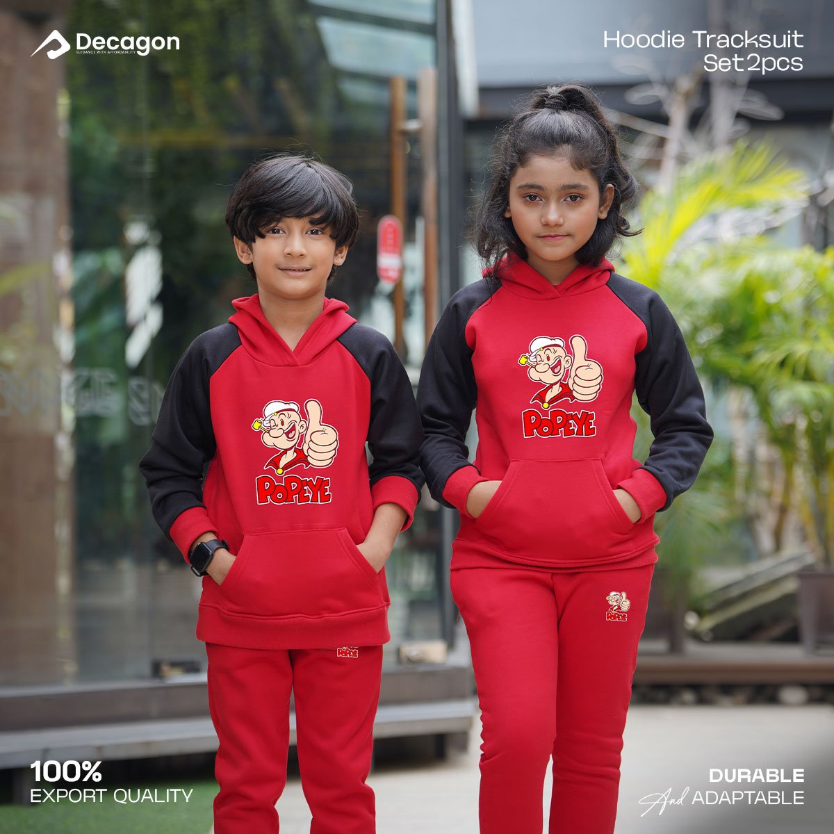 Kids Printed Hoodie and Tracksuit Set | Popeye Print_ Red