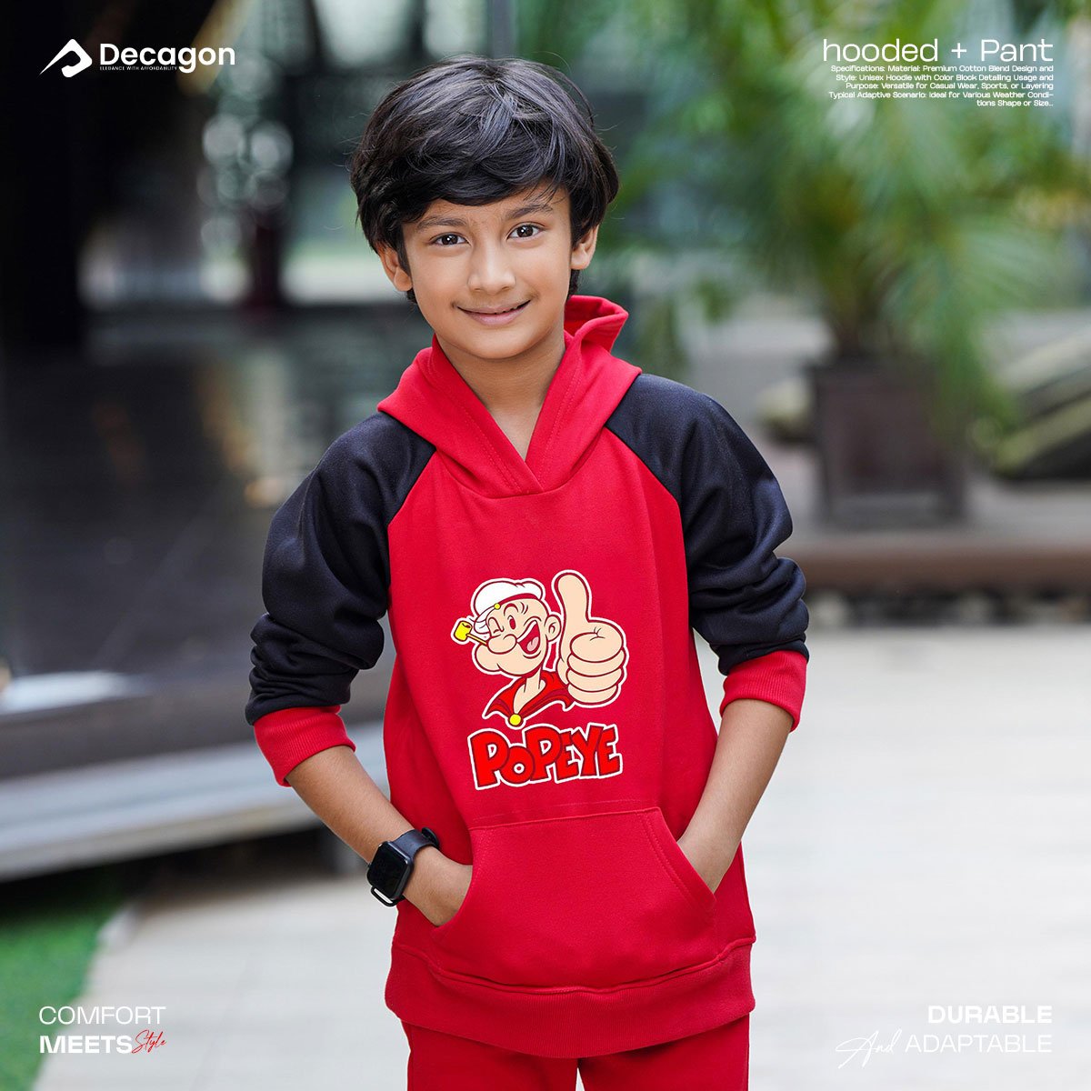 Kids Printed Hoodie and Tracksuit Set | Popeye Print_ Red - Image 2