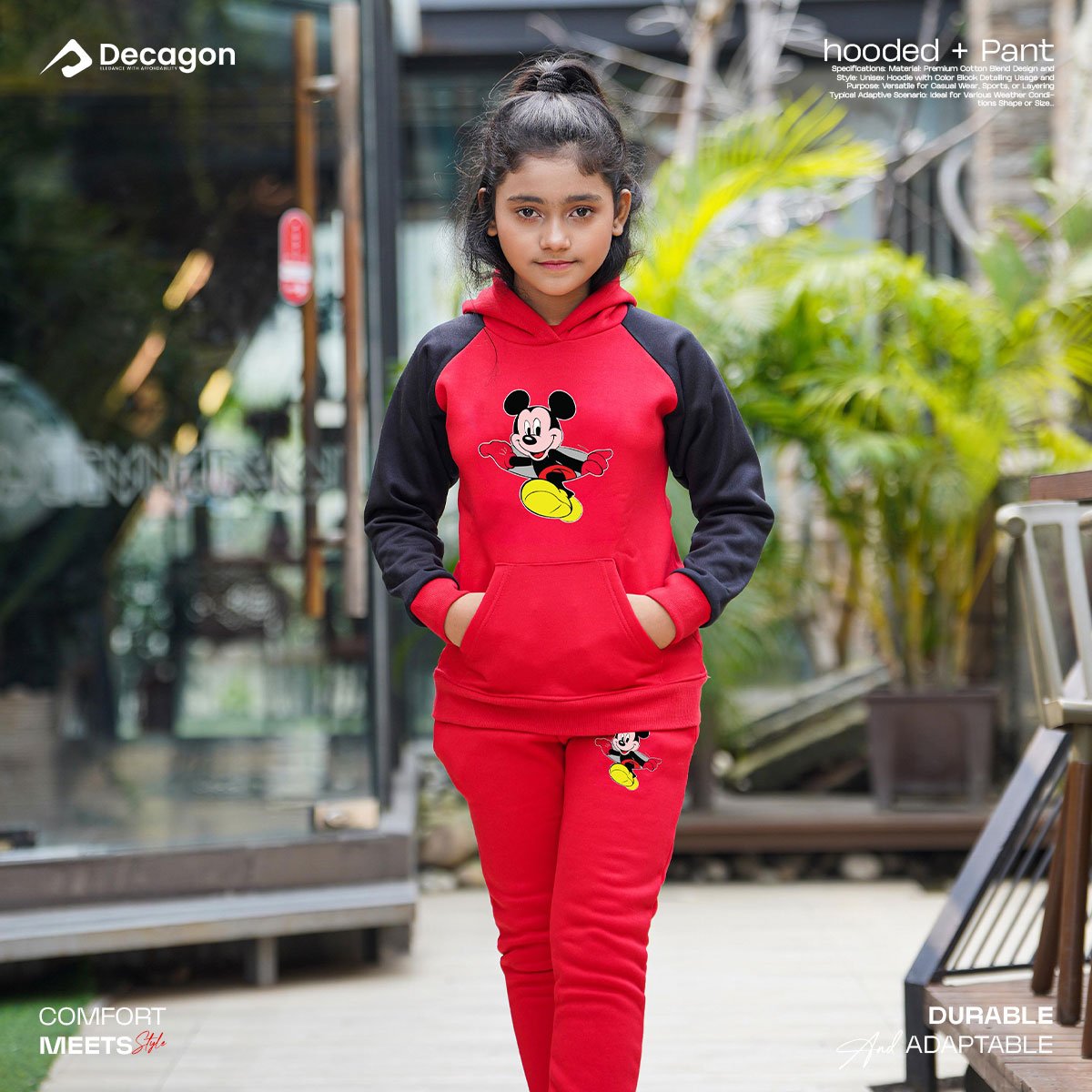 Kids Printed Hoodie and Tracksuit Set | Mouse Print_ Red - Image 3