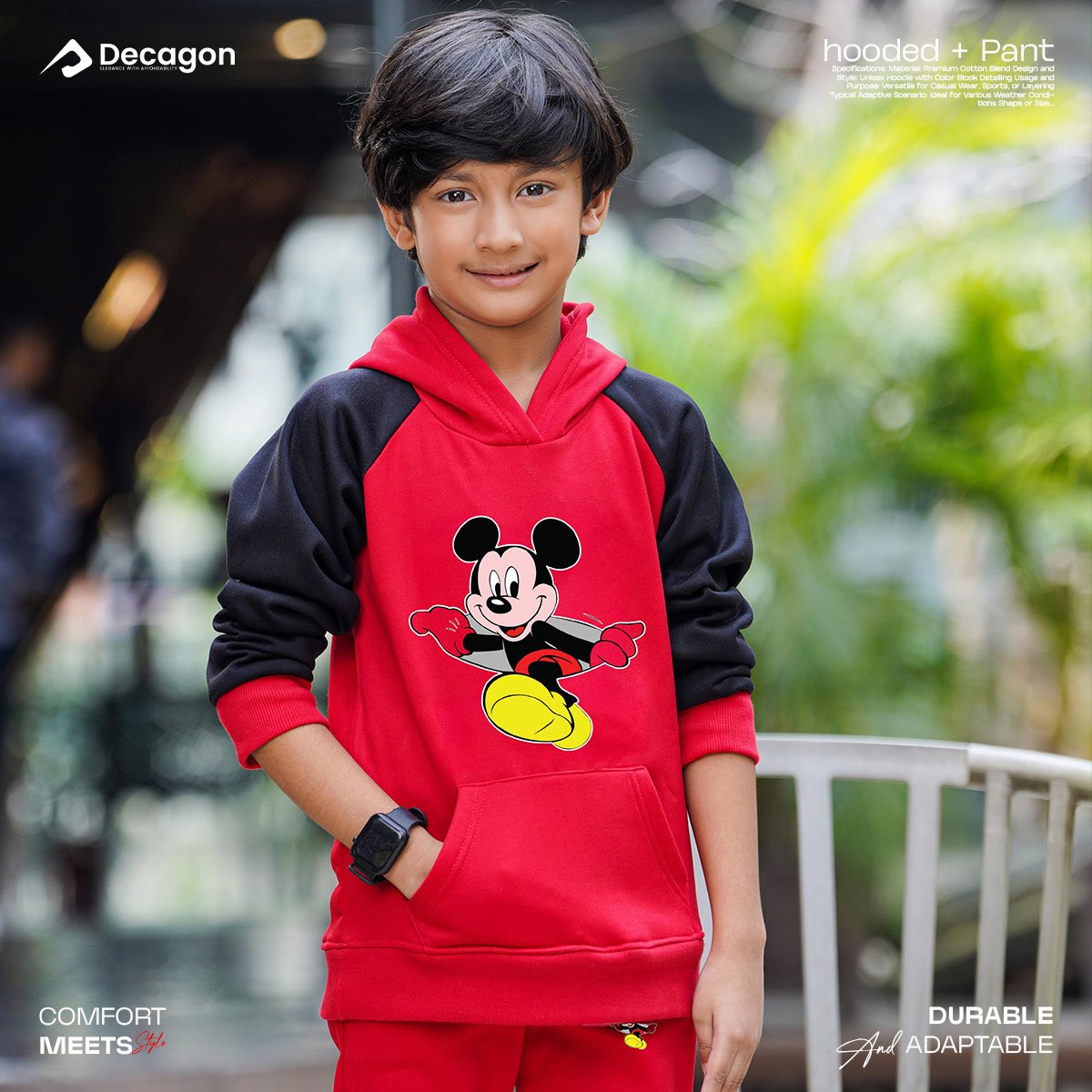 Kids Printed Hoodie and Tracksuit Set | Mouse Print_ Red - Image 2